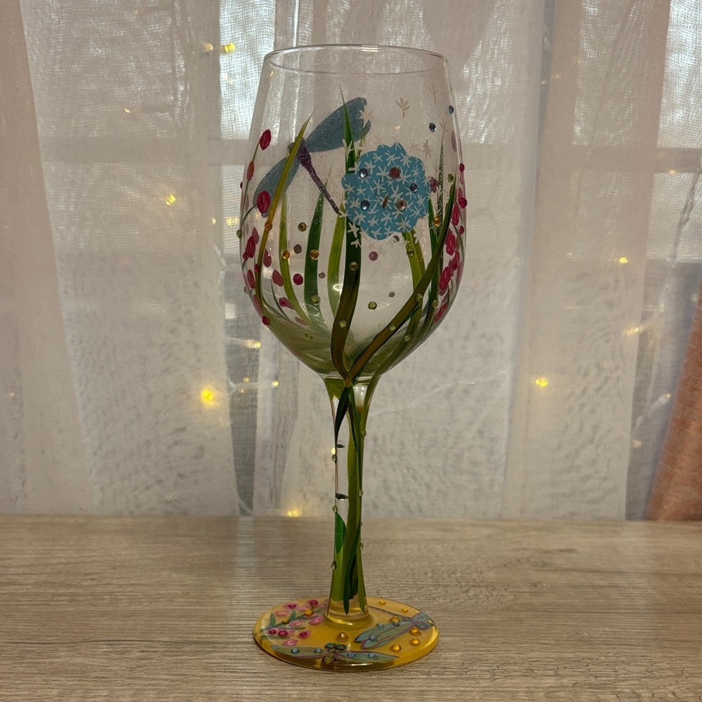 Dragonfly Hand-Painted Floral Wine Glass